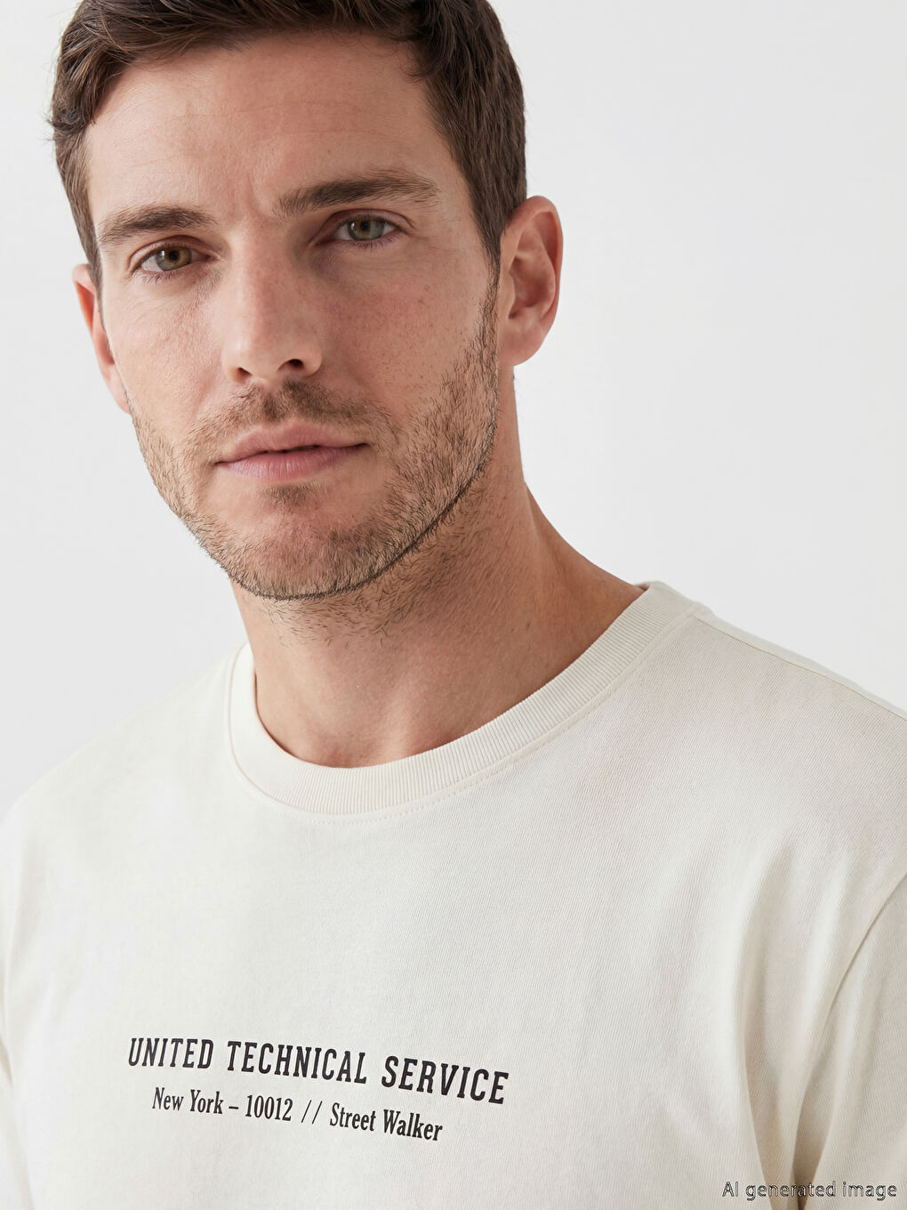 Ekru Bisiklet Yaka New York Baskılı Erkek Tişört-2