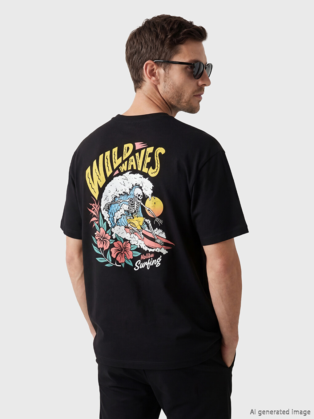 Siyah Loose Fit Baskılı Erkek Tişört