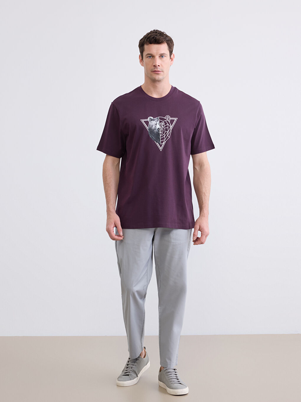 Mürdüm Bisiklet Yaka Baskılı Erkek Tişört-1