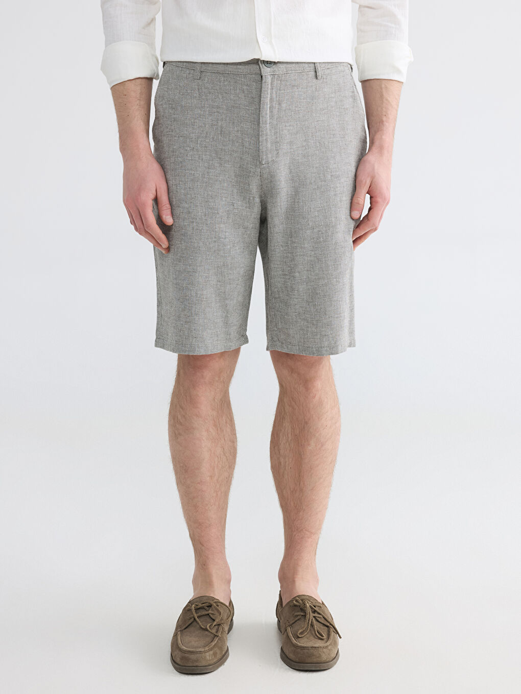 Haki Regular Fit Keten Karışmlı Erkek Şort-1