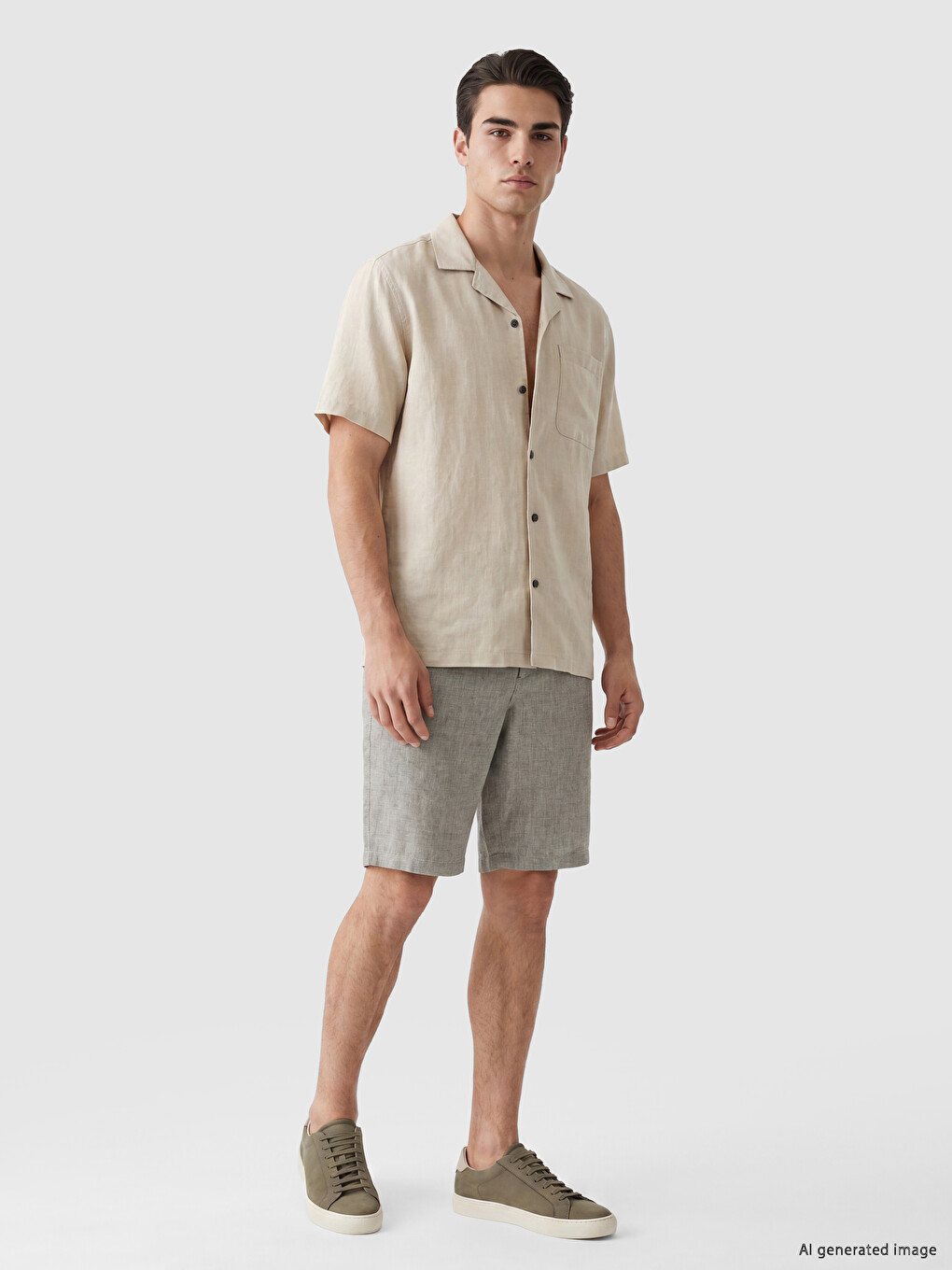 Haki Regular Fit Keten Karışmlı Erkek Şort-1