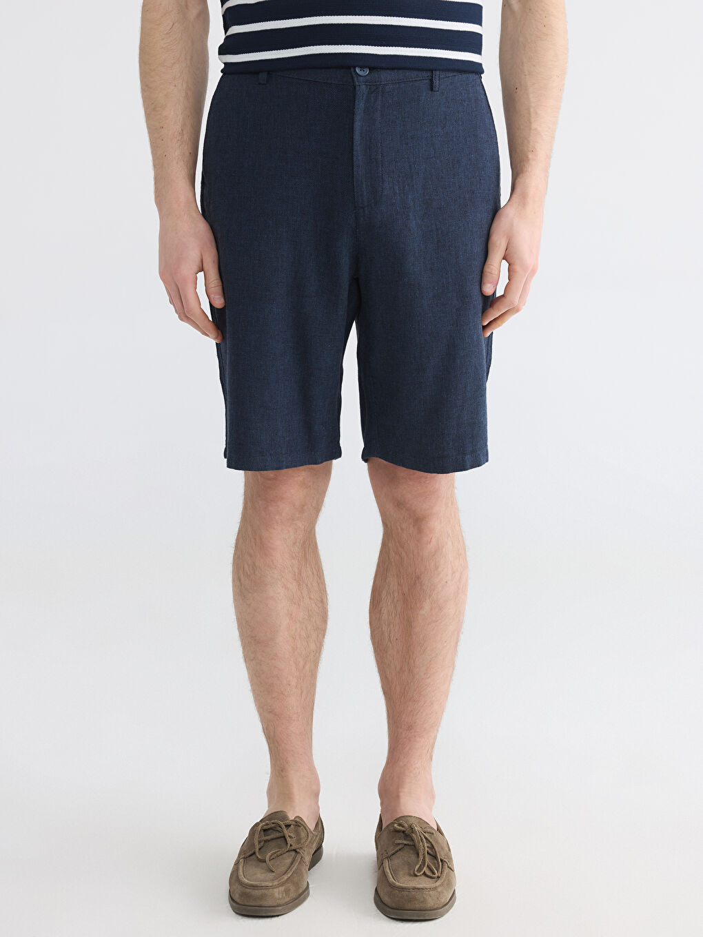Lacivert Regular Fit Keten Karışmlı Erkek Şort-1