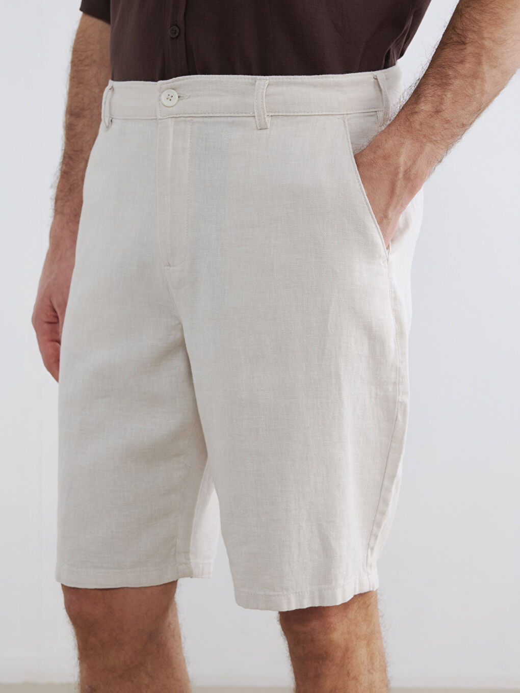 Bej Regular Fit Keten Karışmlı Erkek Şort-2