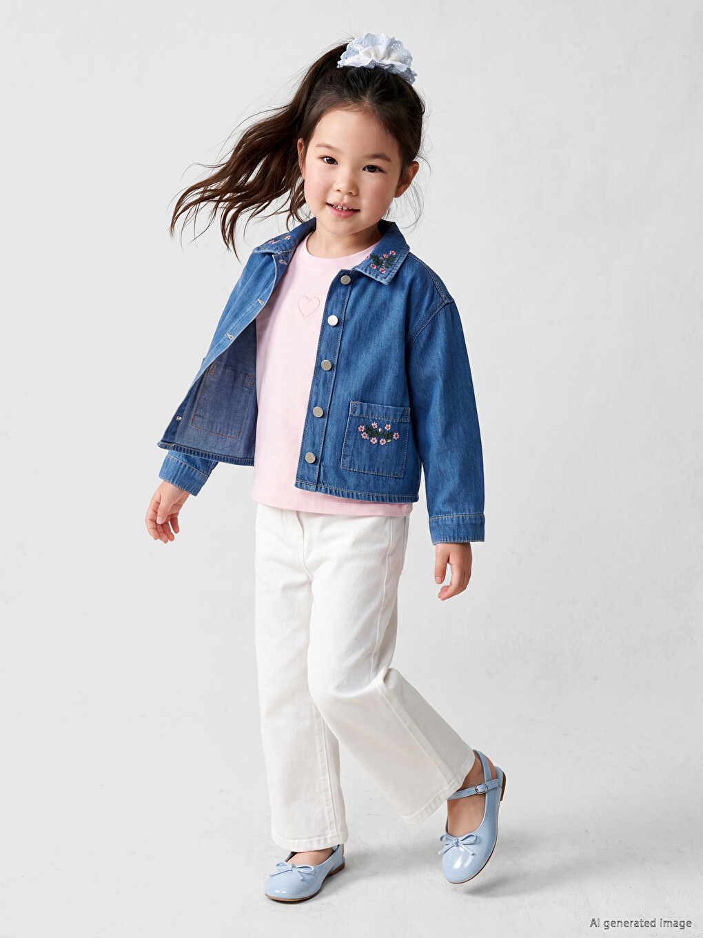 Shirt Collar Floral Baby Girl Denim Jacket-1