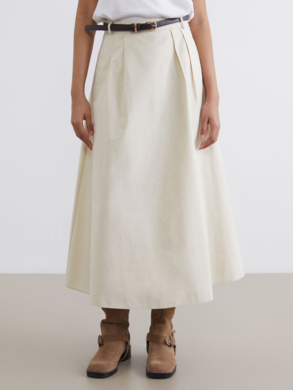 Women's A-Line Skirt with Belted Waist and Pleated Detail-1