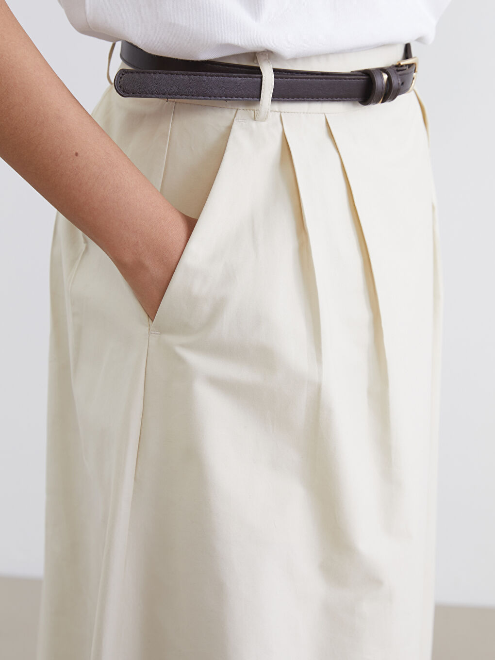 Women's A-Line Skirt with Belted Waist and Pleated Detail-2