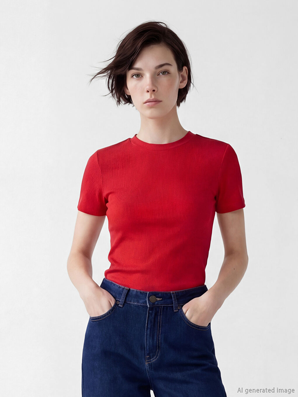 Kırmızı Dik Yaka Kadın Tişört