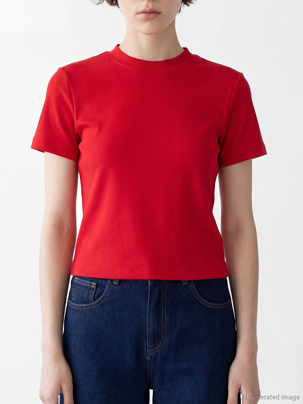 Kırmızı Dik Yaka Kadın Tişört-2