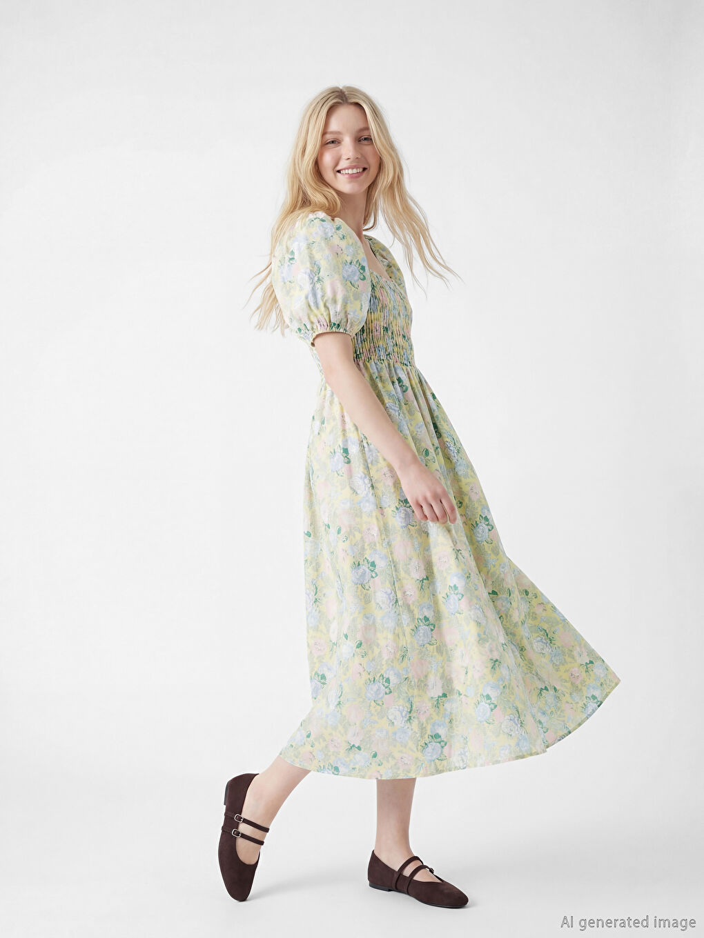 Square Neck Floral Poplin Dress