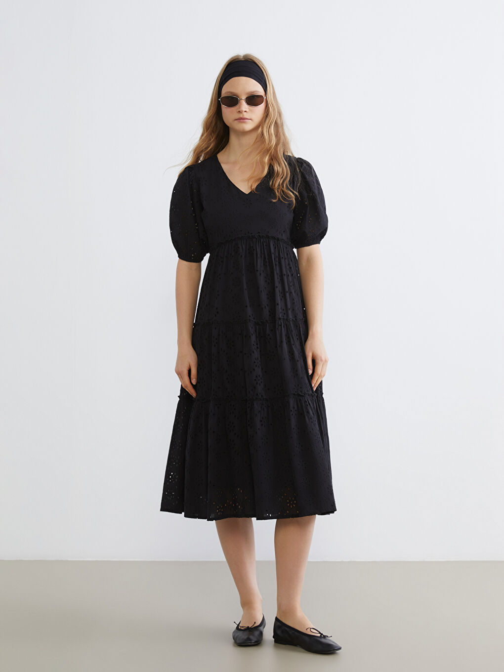 V-Neck Openwork Balloon Sleeve Dress