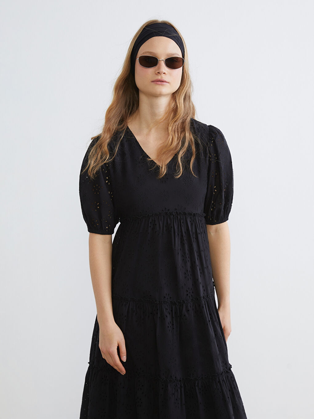 V-Neck Openwork Balloon Sleeve Dress-1