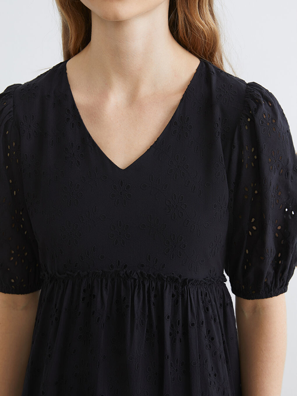 V-Neck Openwork Balloon Sleeve Dress-2