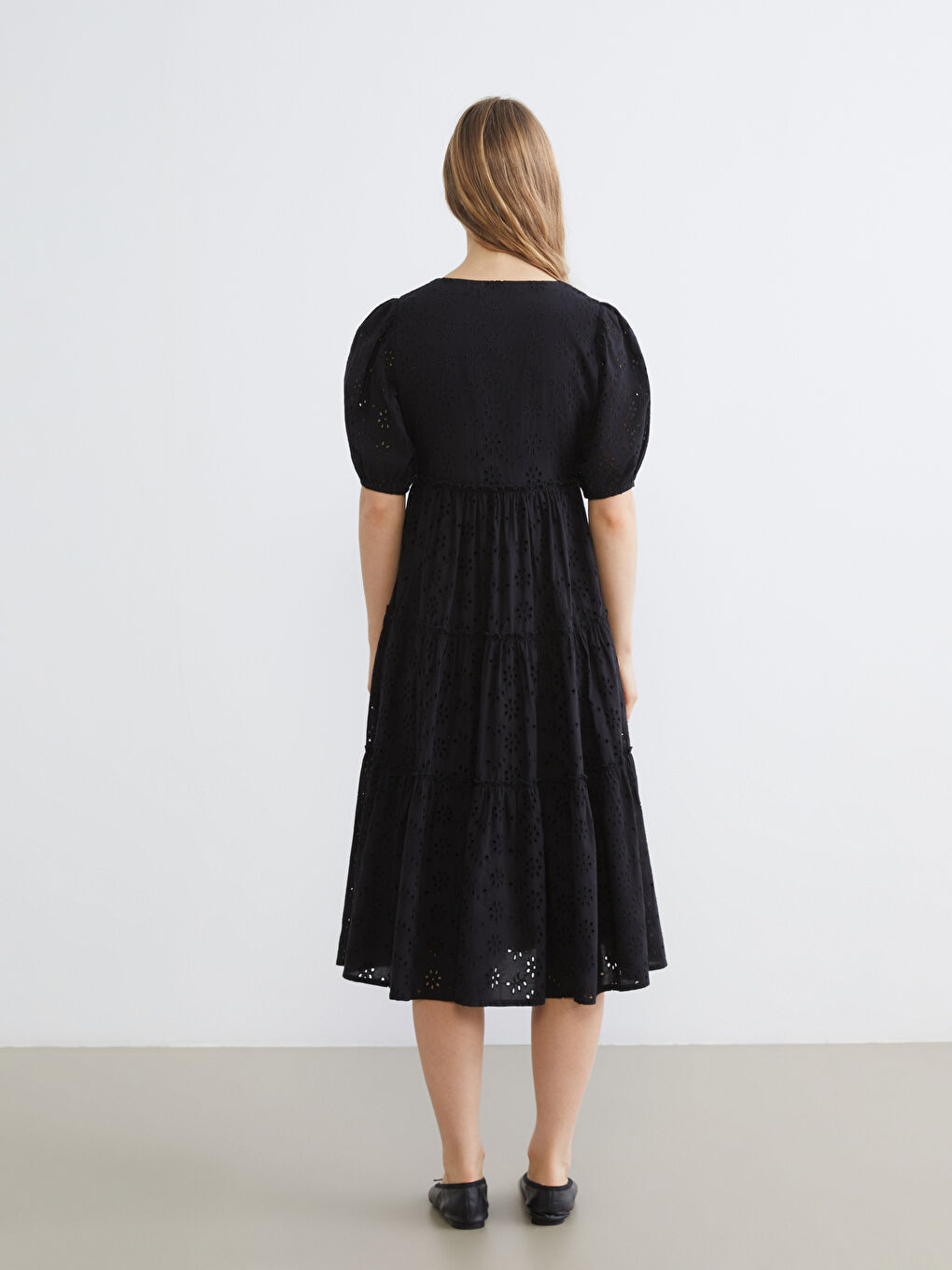 V-Neck Openwork Balloon Sleeve Dress-3