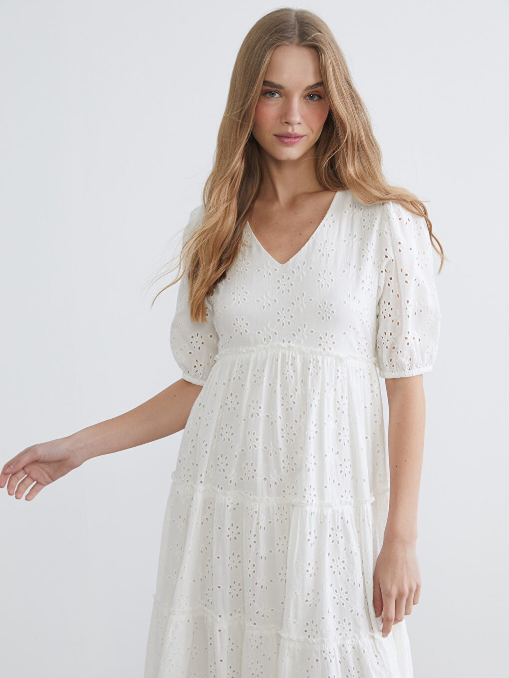 V-Neck Openwork Knit Dress with Balloon Sleeves-1