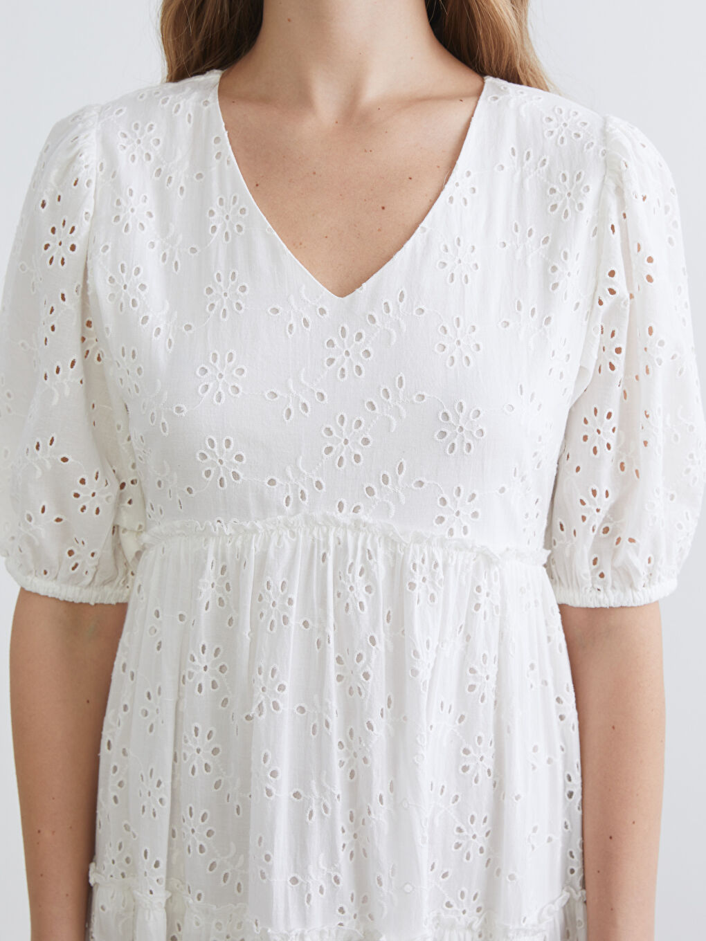 V-Neck Openwork Knit Dress with Balloon Sleeves-2