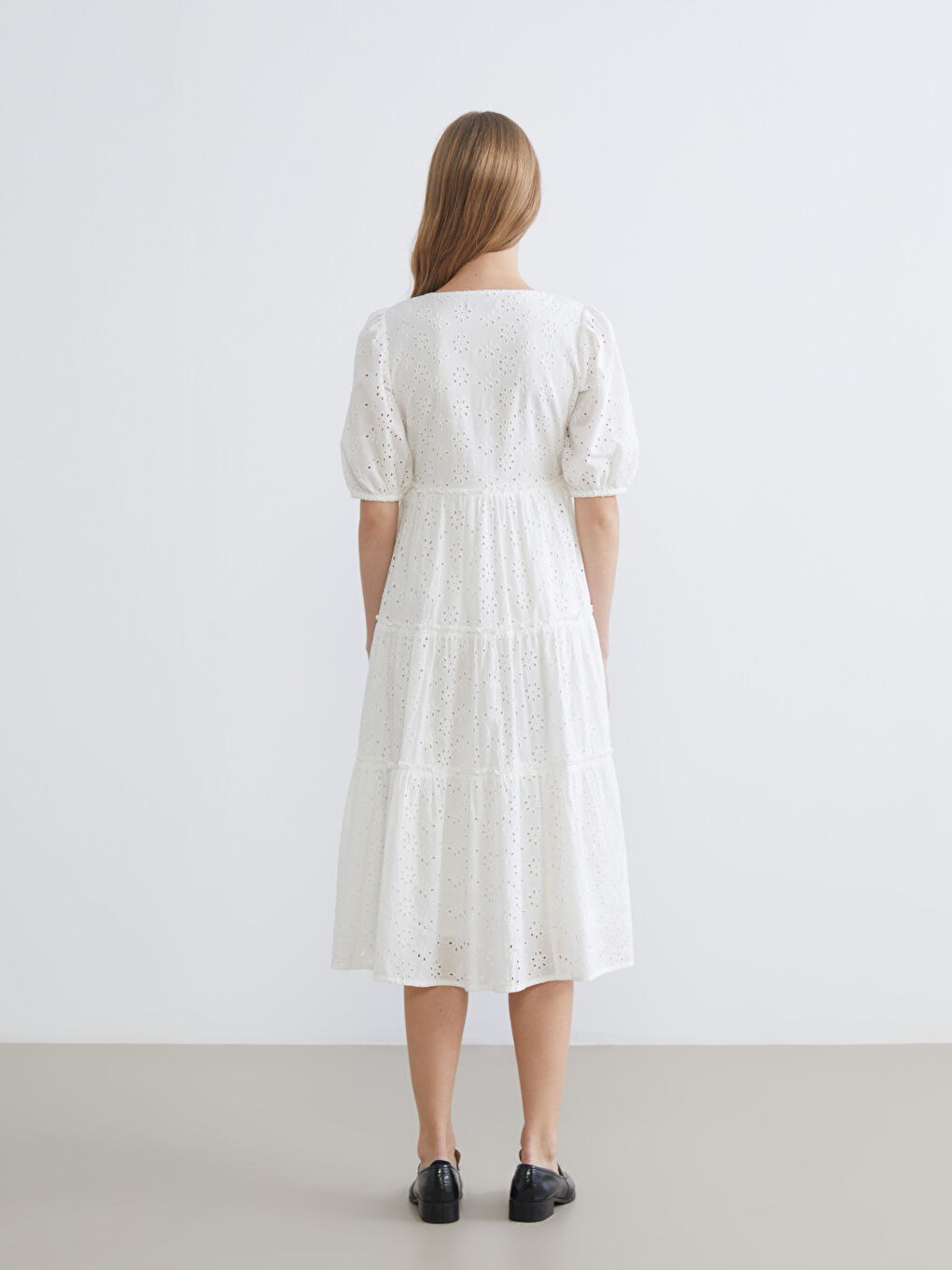 V-Neck Openwork Knit Dress with Balloon Sleeves-3