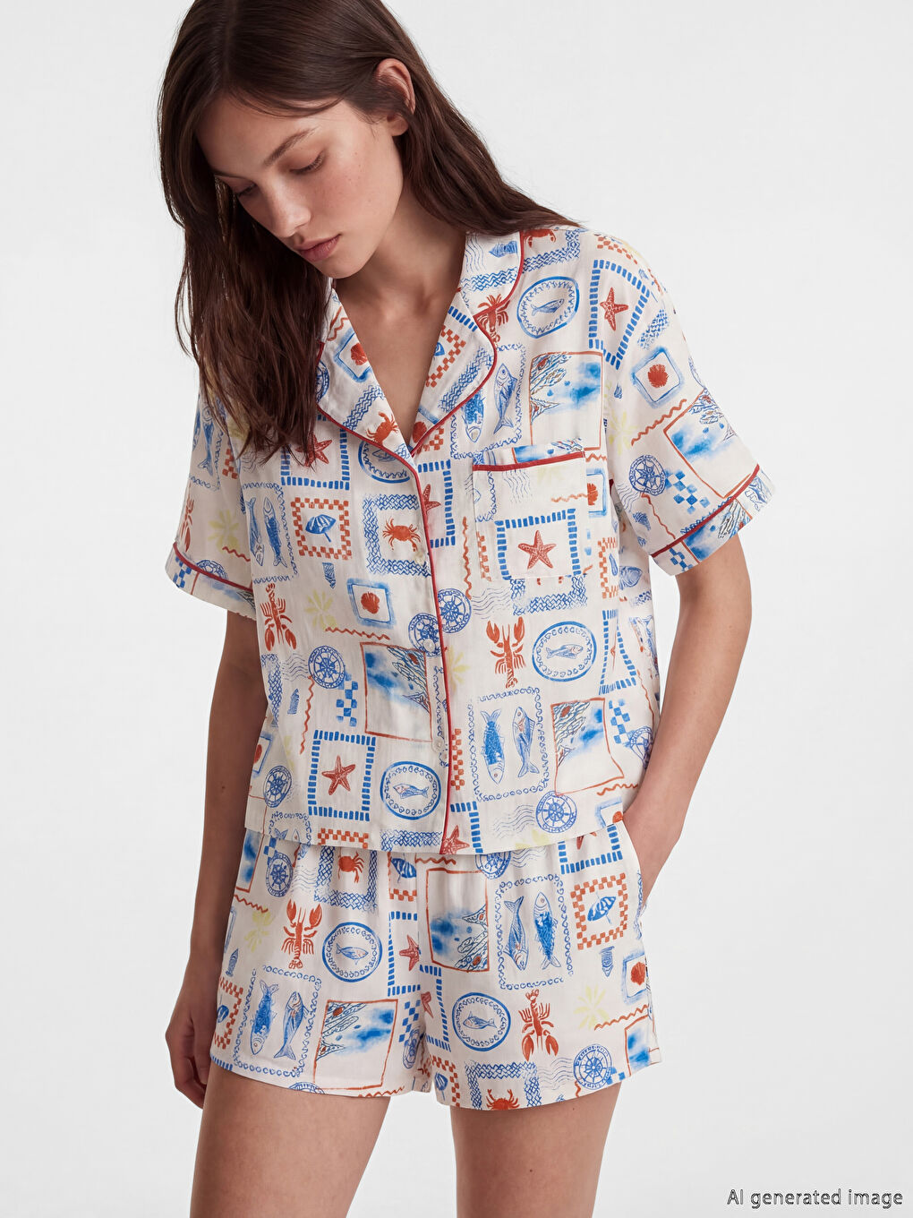 Ženski kratki pidžama komplet sa kragnom i štampom-1