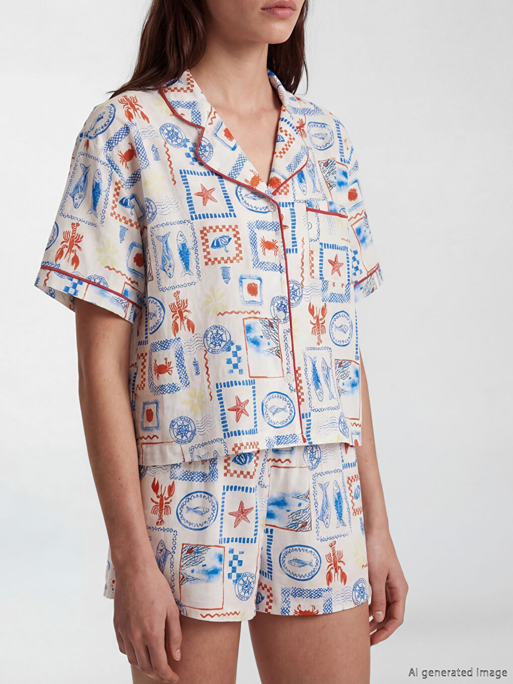 Ženski kratki pidžama komplet sa kragnom i štampom-2