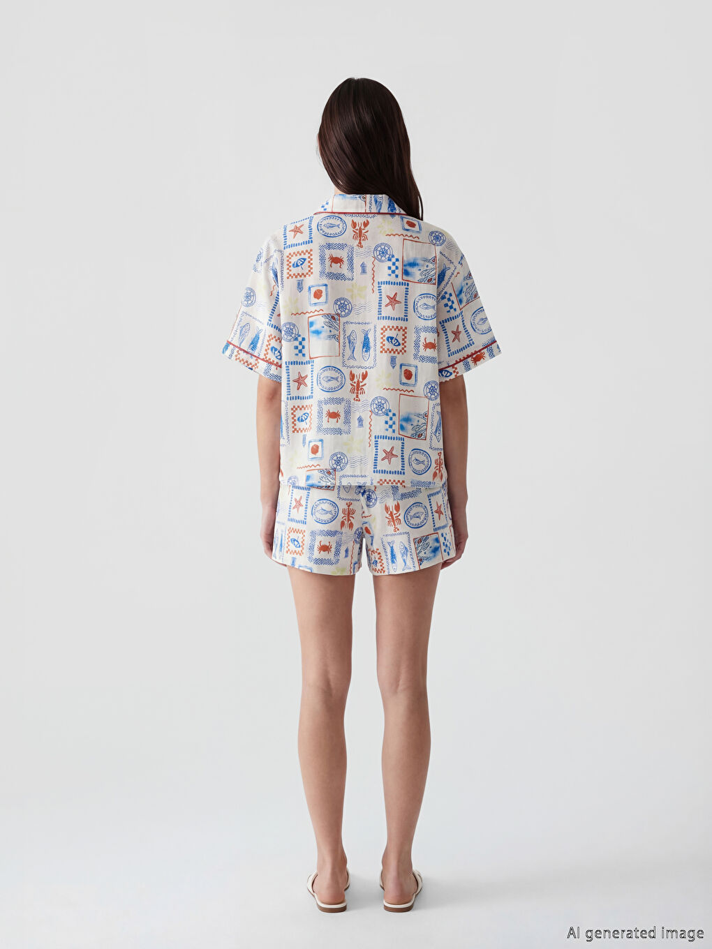 Ženski kratki pidžama komplet sa kragnom i štampom-3