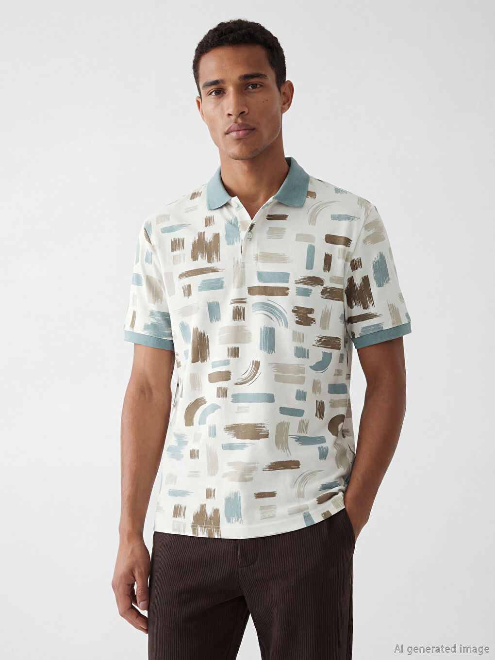 تي شيرت رجالي بياقة بولو منسوجة من بيكيه منقوش