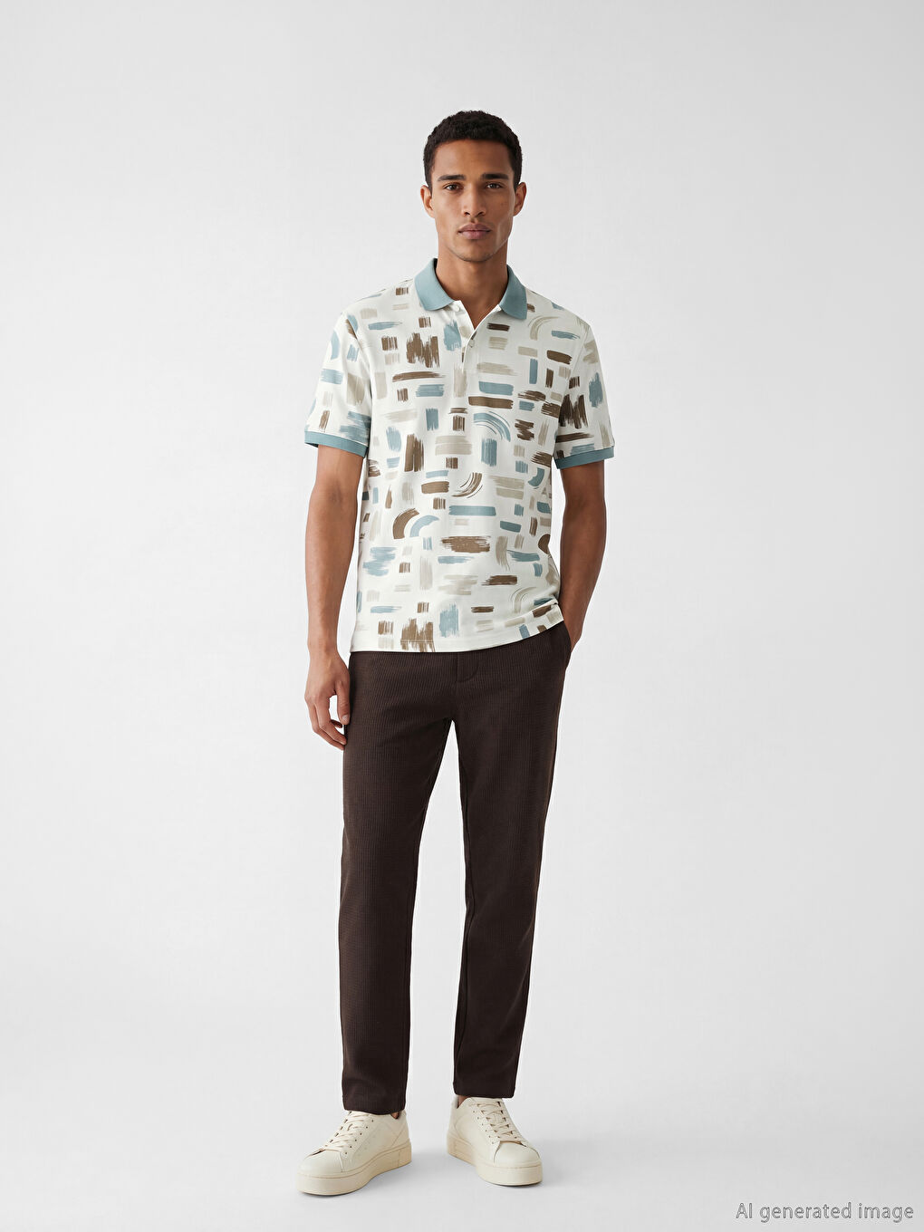 تي شيرت رجالي بياقة بولو منسوجة من بيكيه منقوش-1