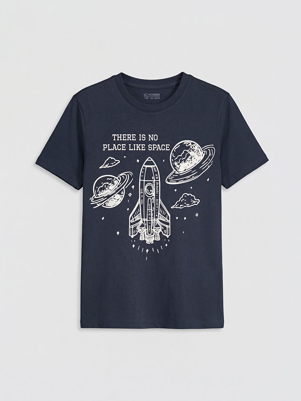 Lacivert Bisiklet Yaka Baskılı Erkek Çocuk Tişört