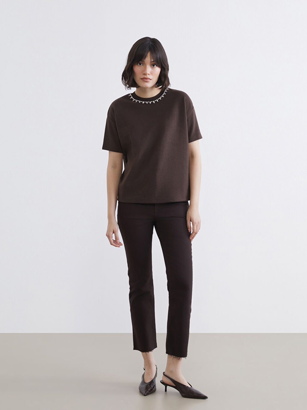 Kahverengi Crop Flare Kadın Jean Pantolon