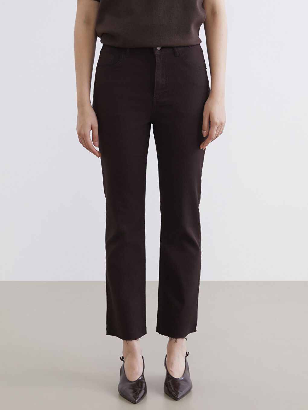 Kahverengi Crop Flare Kadın Jean Pantolon-1