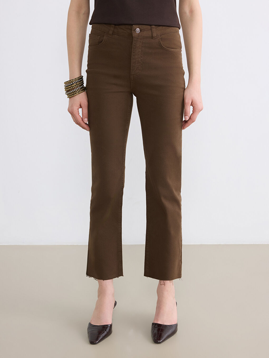 Kahverengi Crop Flare Kadın Jean Pantolon	
-1