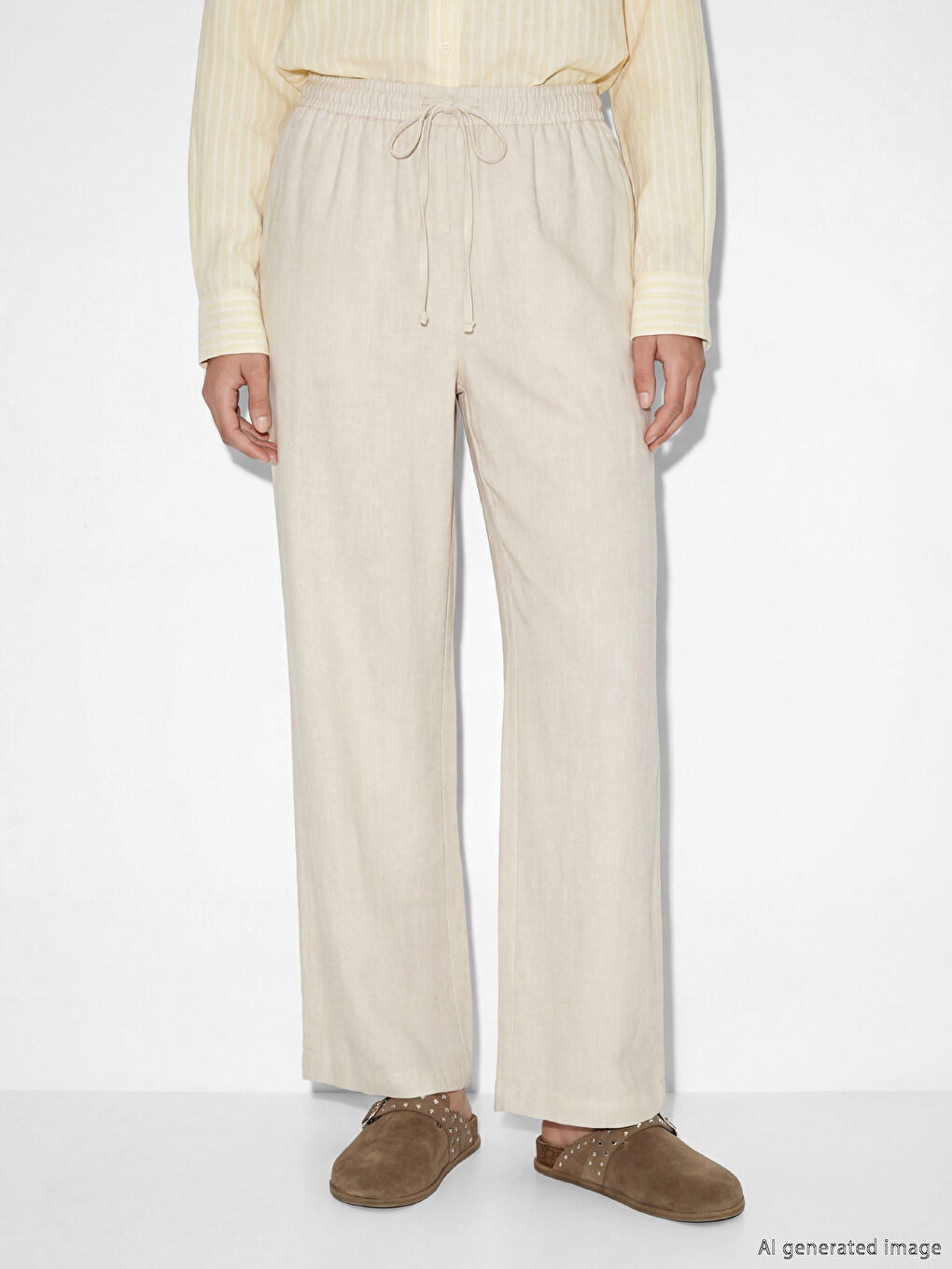 بنطلون نسائي بمزيج الكتان مع خصر مرن-1