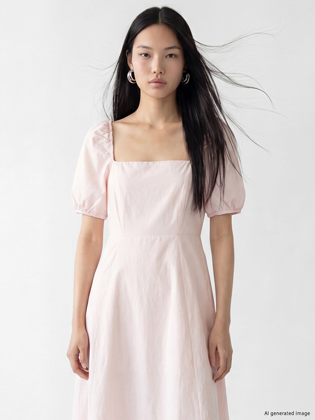 Balloon Sleeved Poplin Long Dress-1