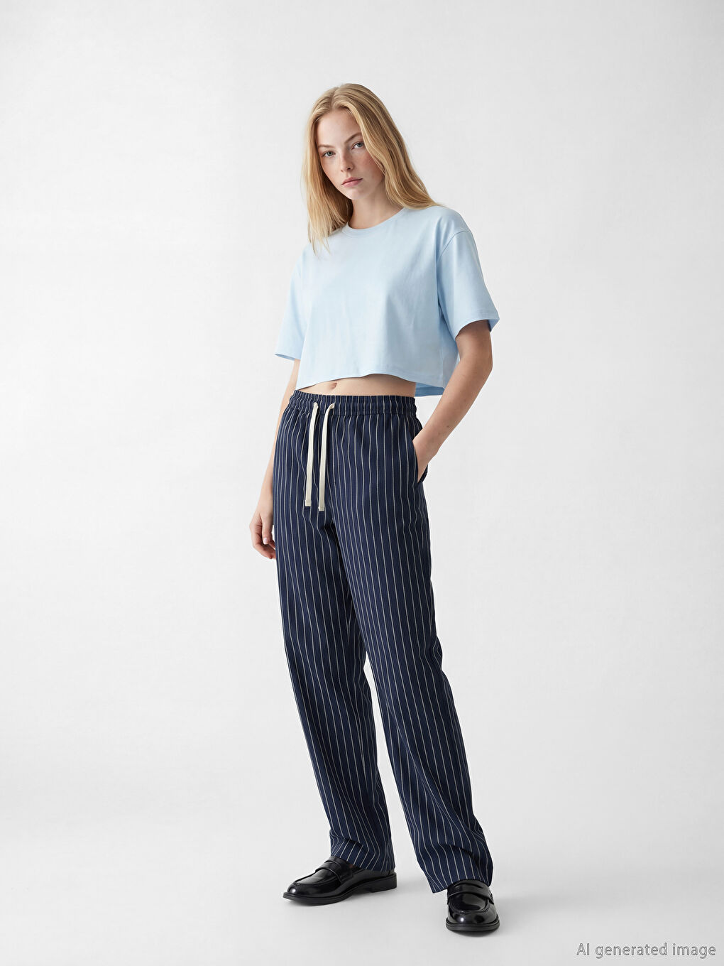 بنطلون نسائي مخطط من خليط الكتان