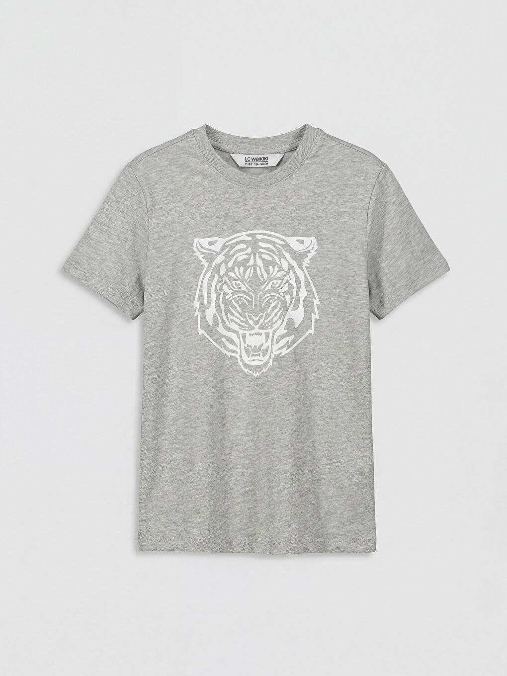 Gri Bisiklet Yaka Kaplan Baskılı Erkek Çocuk Tişört