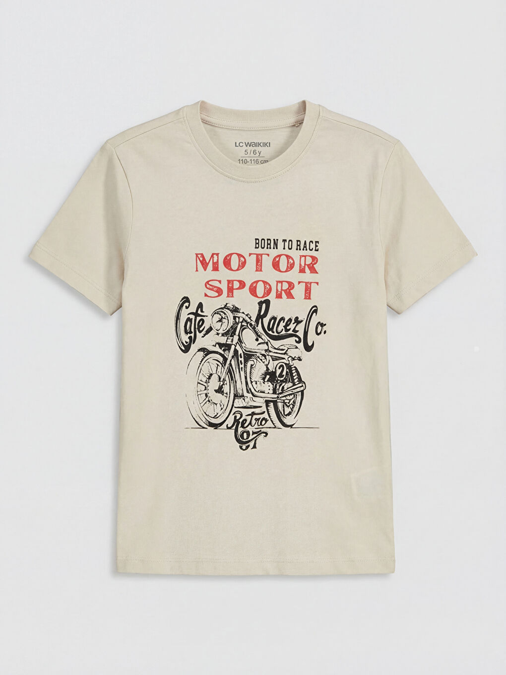 Bej Bisiklet Yaka Baskılı Erkek Çocuk Tişört