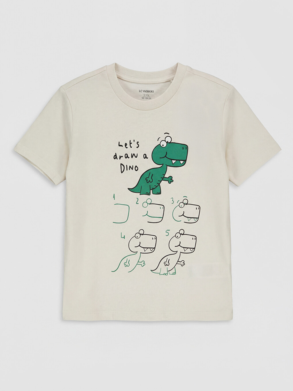 Ekru Bisiklet Yaka Dinozor Baskılı Erkek Çocuk Tişört