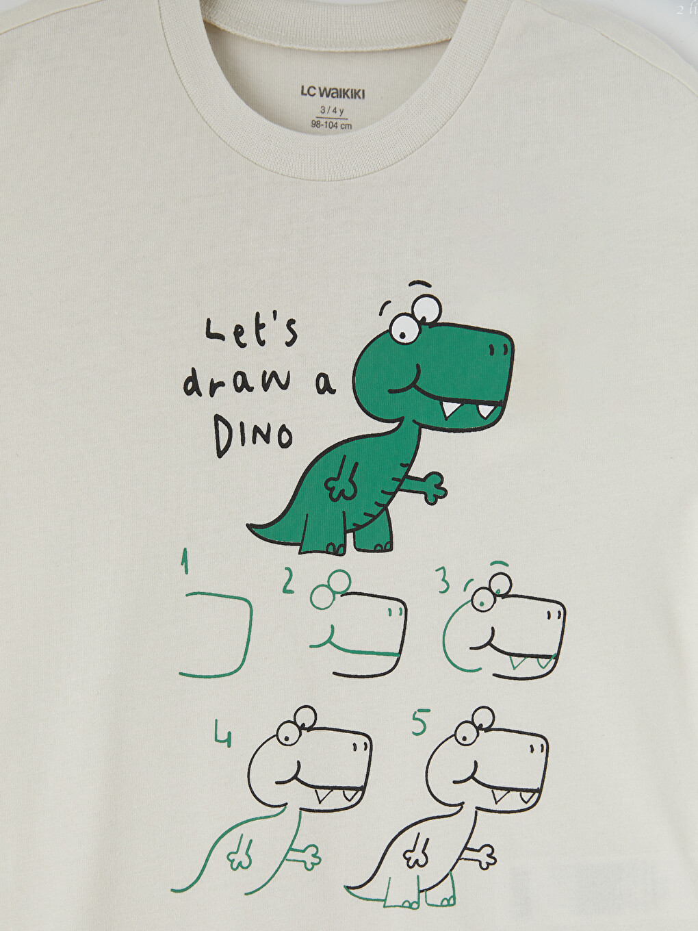 Ekru Bisiklet Yaka Dinozor Baskılı Erkek Çocuk Tişört-2