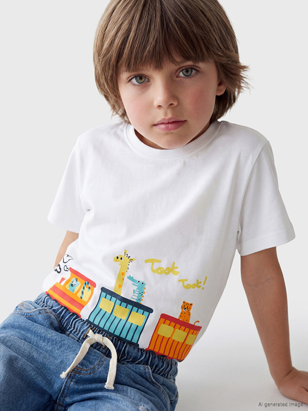 Crew Neck Train Printed Boys' T-Shirt-1