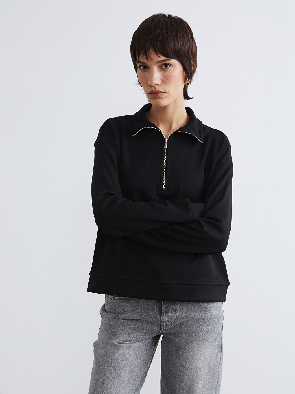 Siyah Dik Yaka Soft Touch Kadın Sweatshirt-5