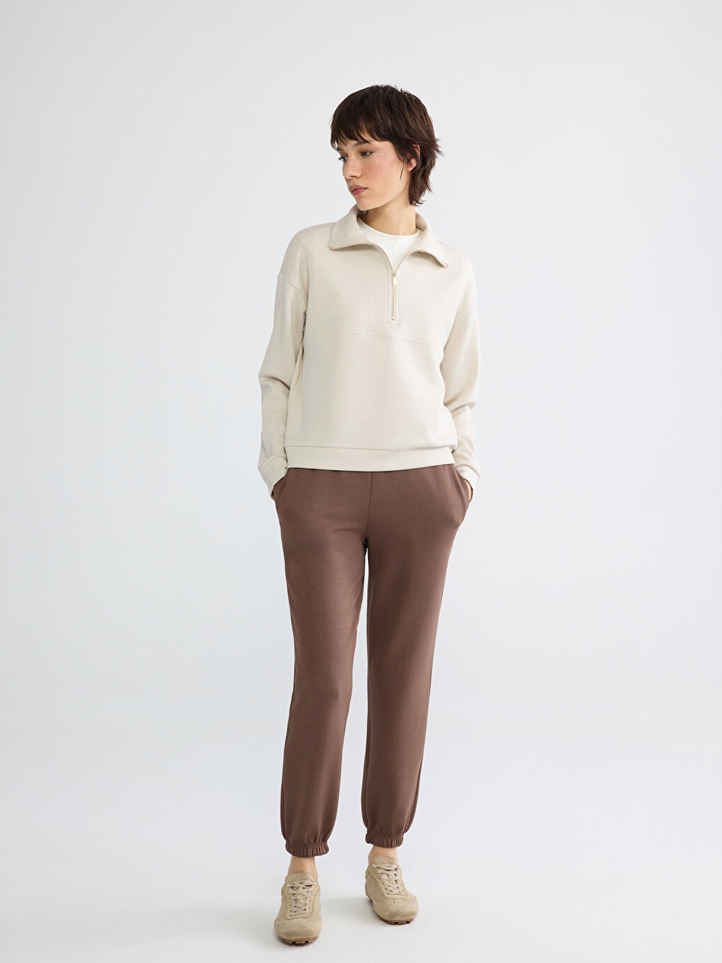 Gri Dik Yaka Soft Touch Kadın Sweatshirt	-1