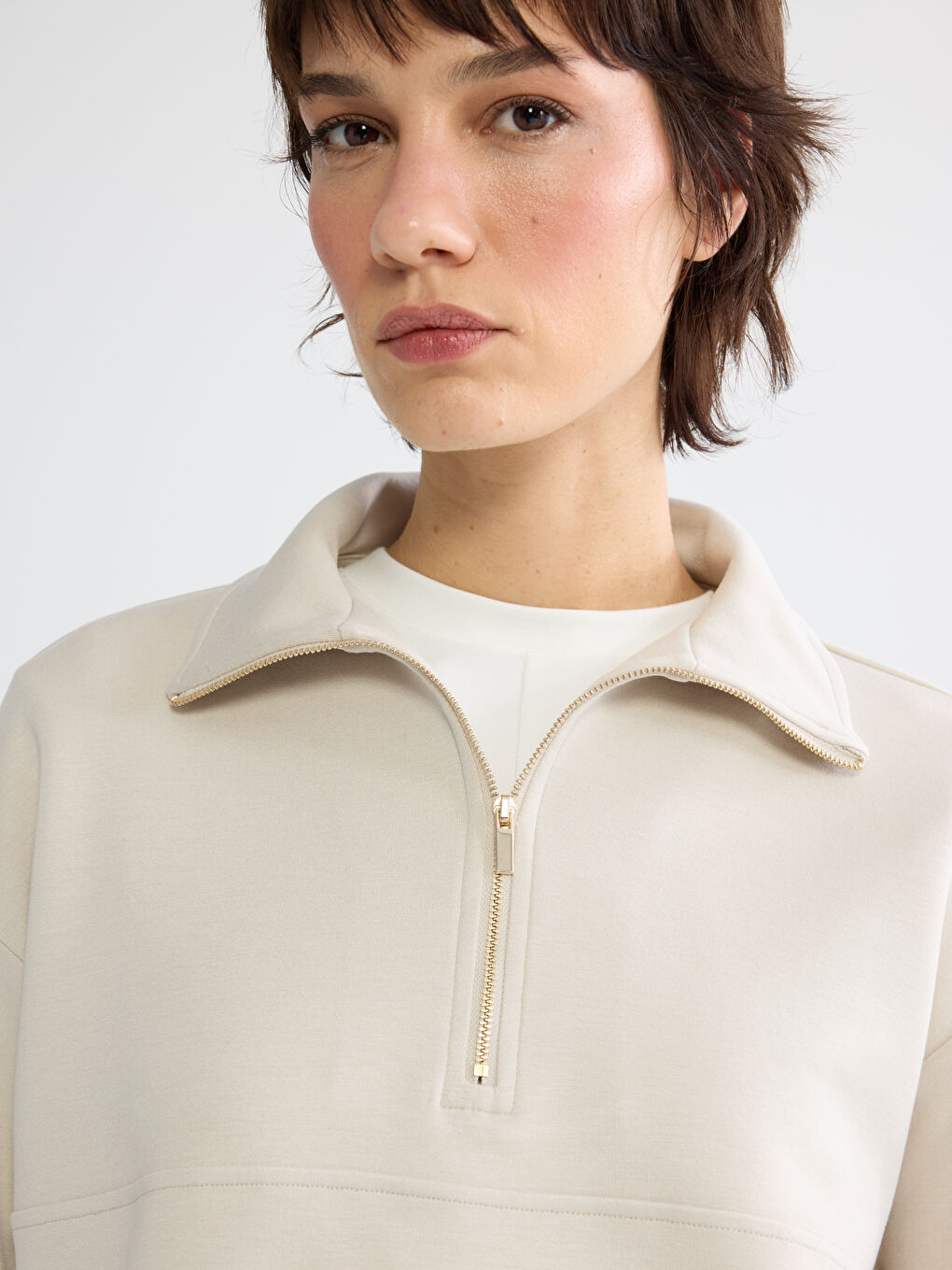 Gri Dik Yaka Soft Touch Kadın Sweatshirt	-2