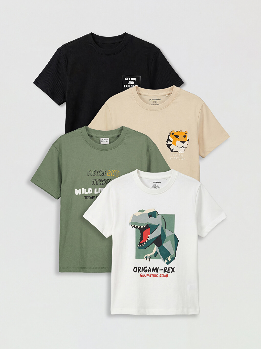 T-shirt me jakë të rrumbullakët, i stampuar për djem, paketim me 4 copë