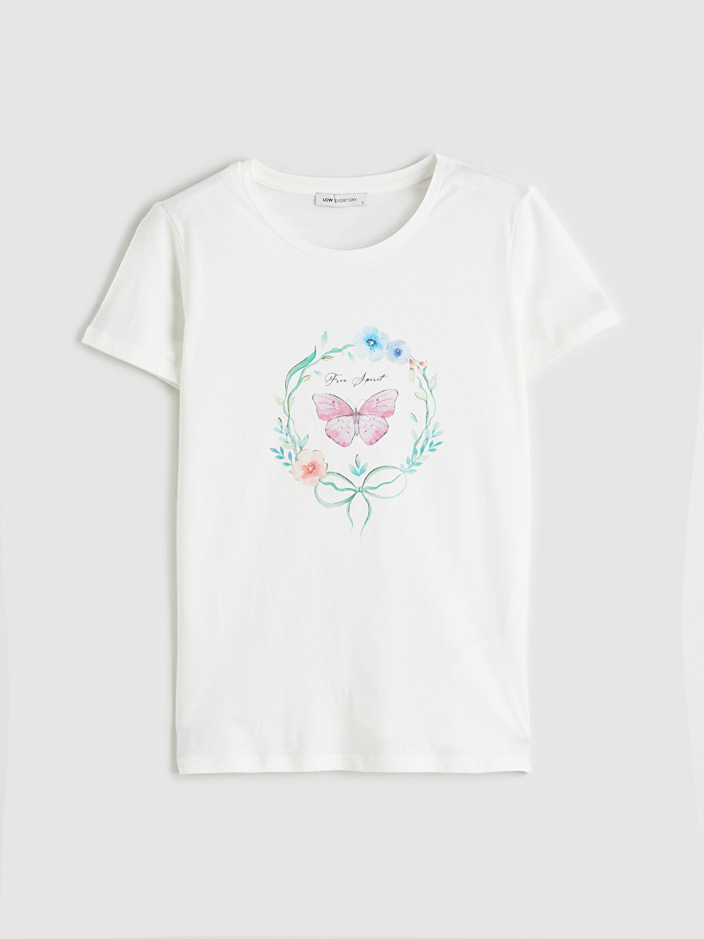 Ekru Bisiklet Yaka Baskılı Kadın Tişört-4