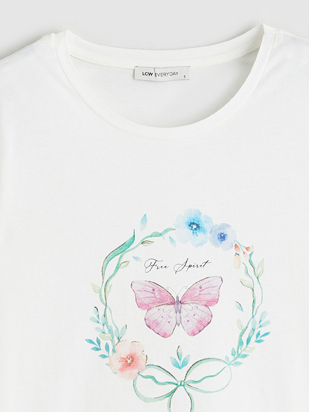 Ekru Bisiklet Yaka Baskılı Kadın Tişört-5