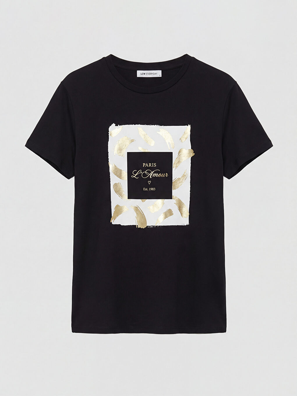 Siyah Bisiklet Yaka Paris Baskılı Kadın Tişört-4