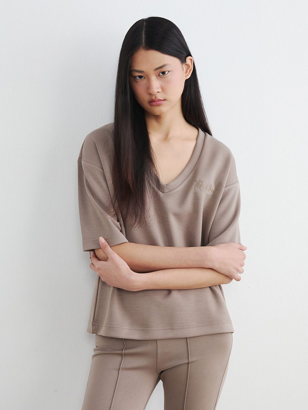 V Neck Embroidered Soft Touch Women's T-Shirt