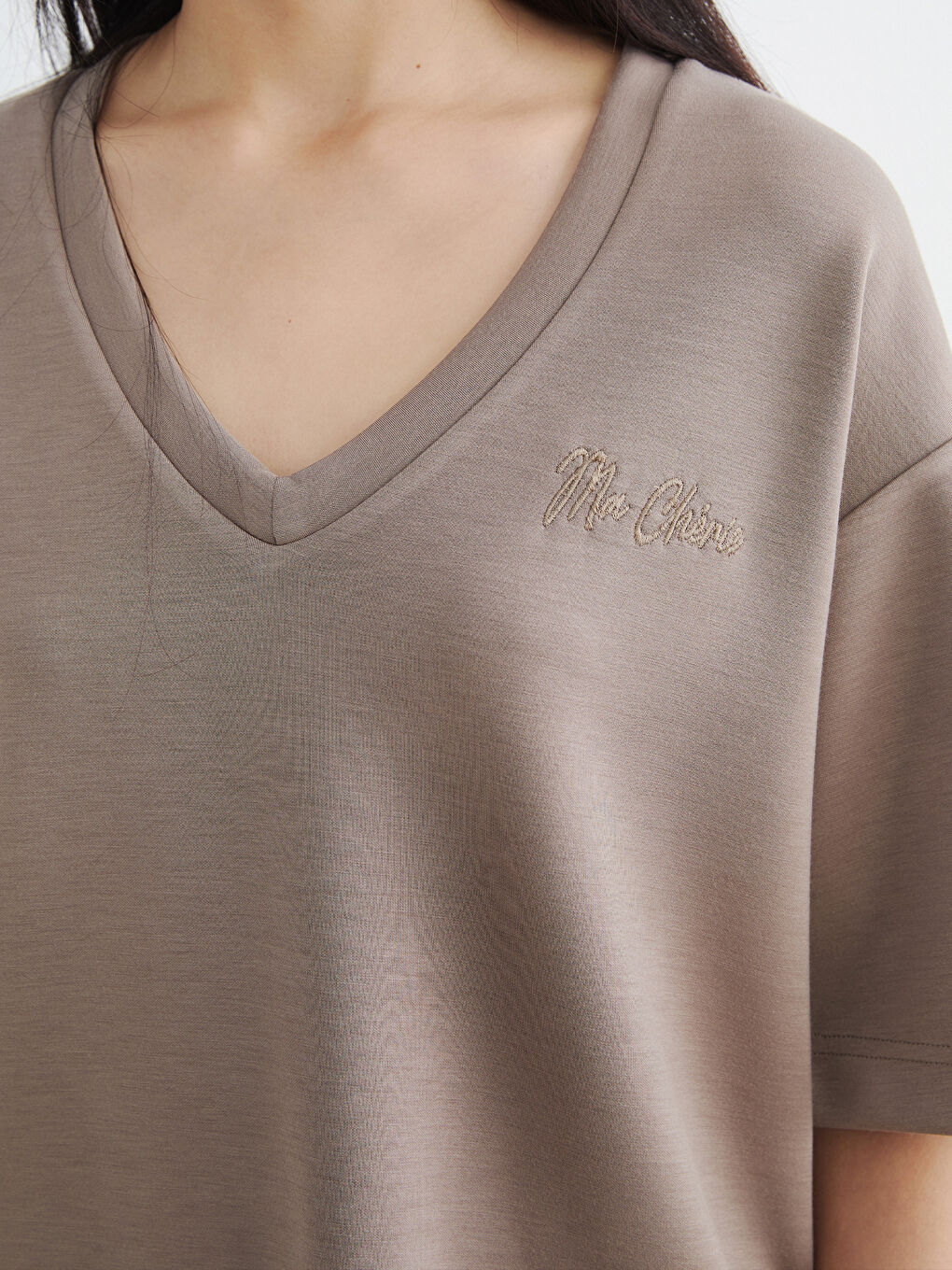 V Neck Embroidered Soft Touch Women's T-Shirt-2