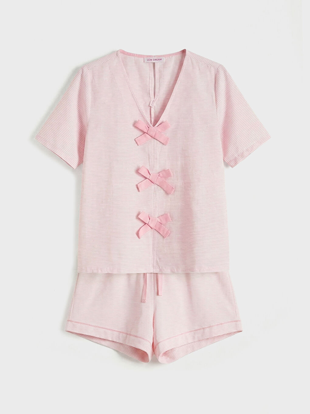 Pembe V Yaka Çizgili Kadın Şortlu Pijama Takımı