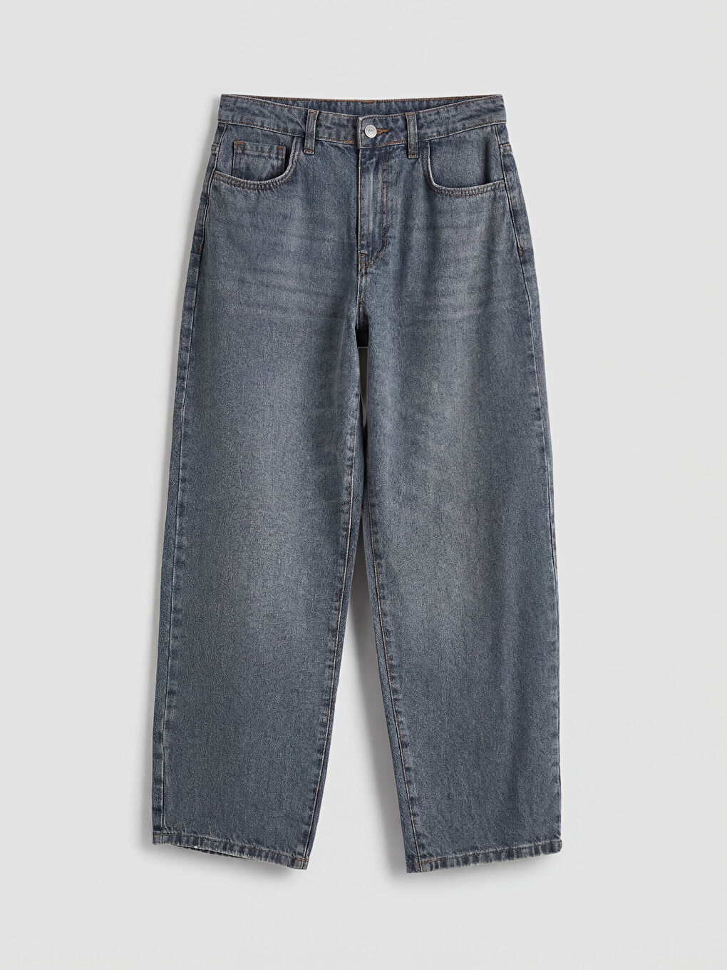 Gri Yüksek Bel Boyfriend Fit Kadın Jean Pantolon