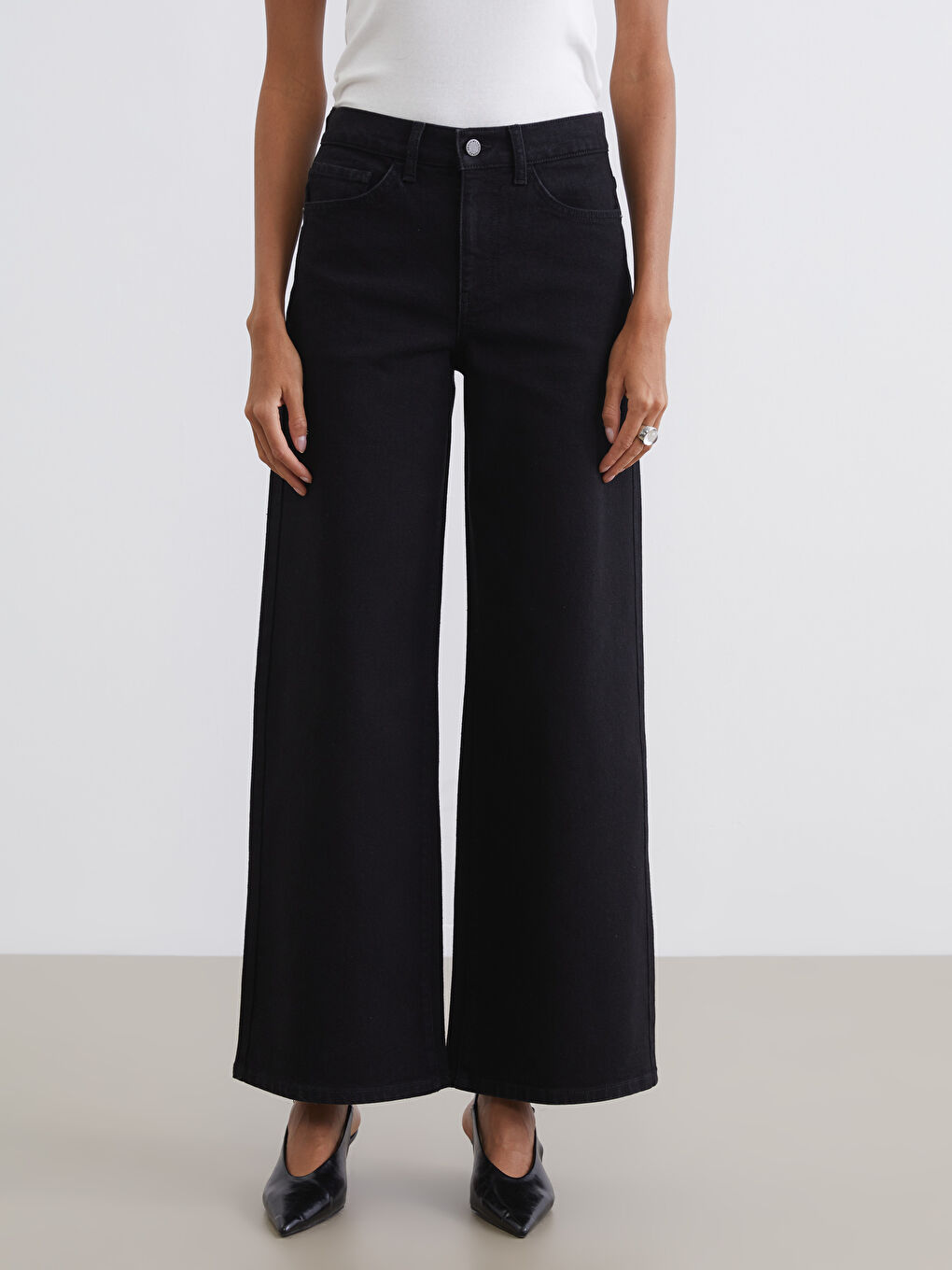 Siyah Wideleg Kadın Jean Pantolon-1