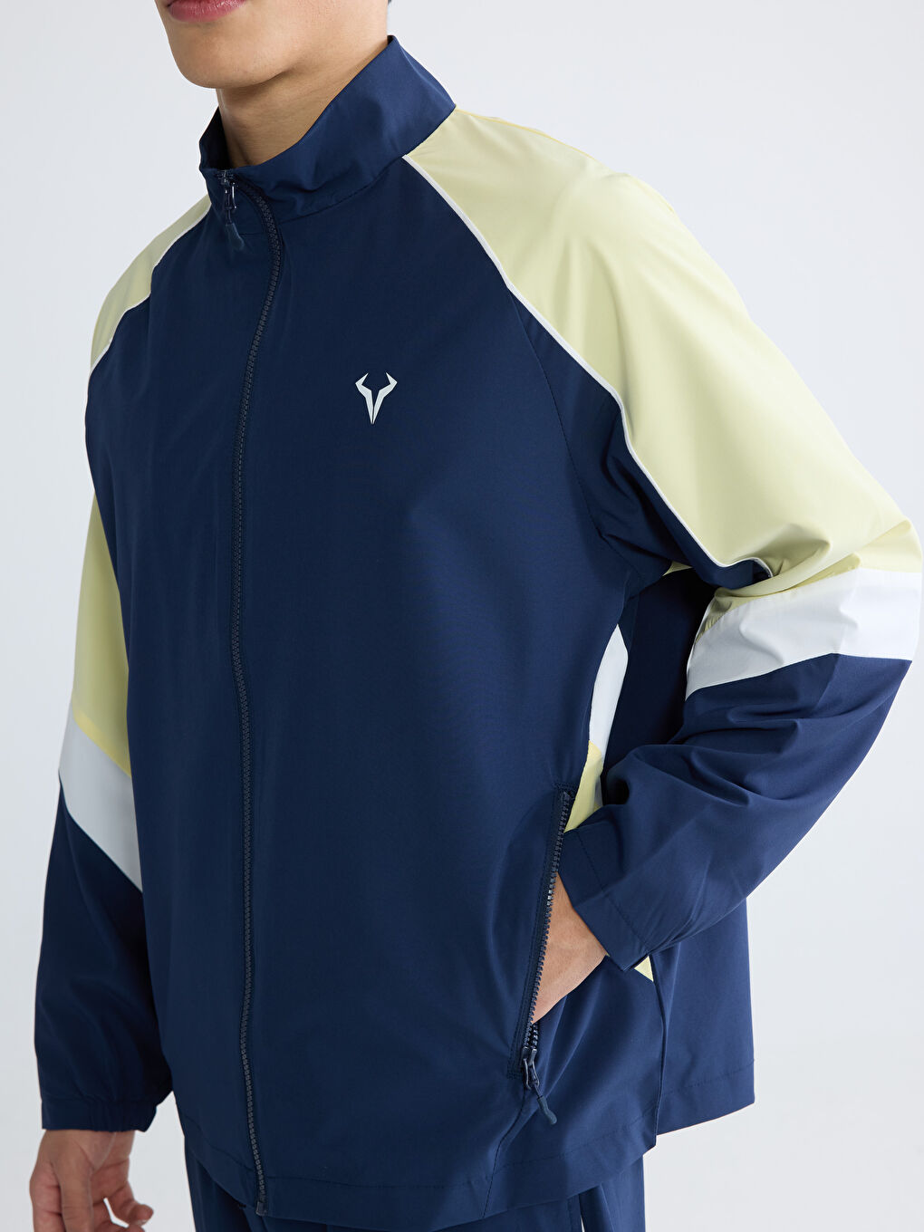 Lacivert Dik Yaka Renk Bloklu Erkek Fermuarlı Sweatshirt-4